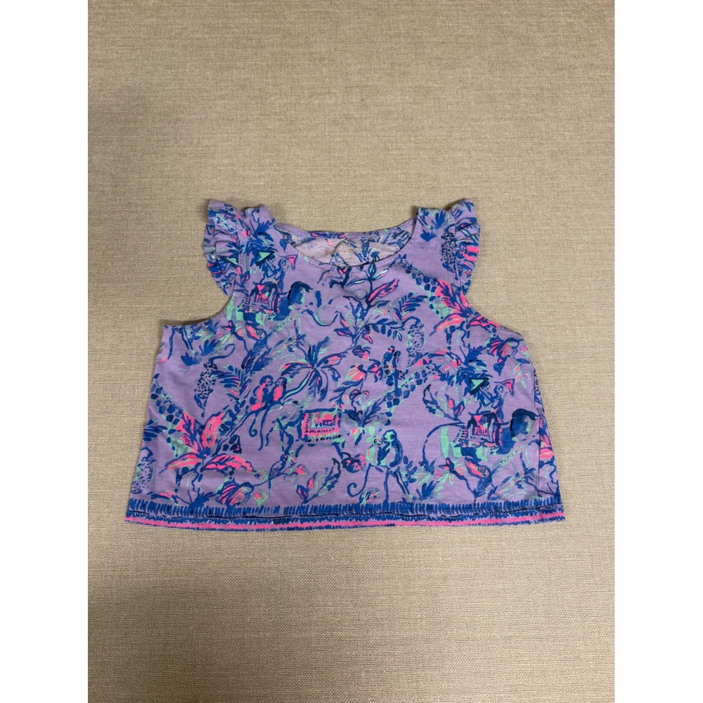 Lilly Pulitzer Girls Purple Jungle Monkey Elephant Ruffle Crop Top Size 8-10